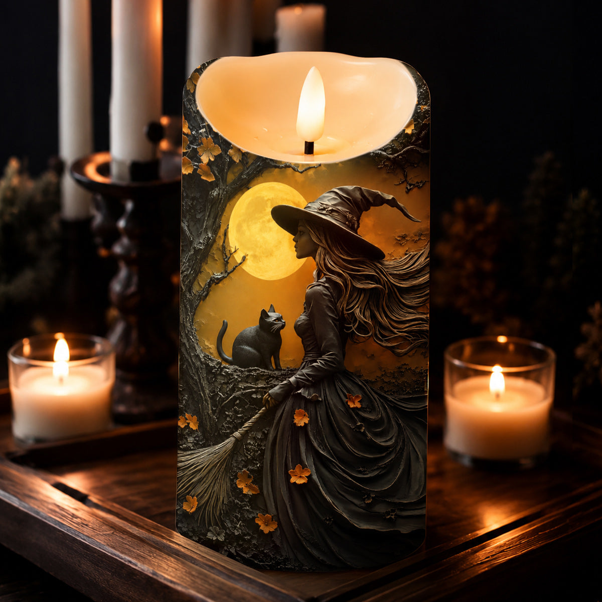 Witch Beneath the Autumn Moon LED Candle Halloween Décor