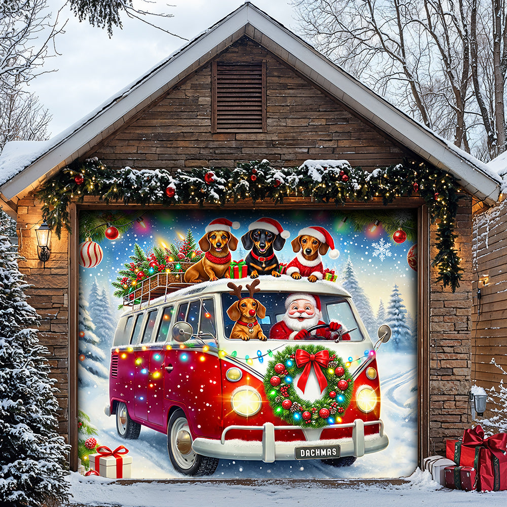 Christmas Garage Door Banner Decoration - Santa's Dachshund Christmas Road Trip