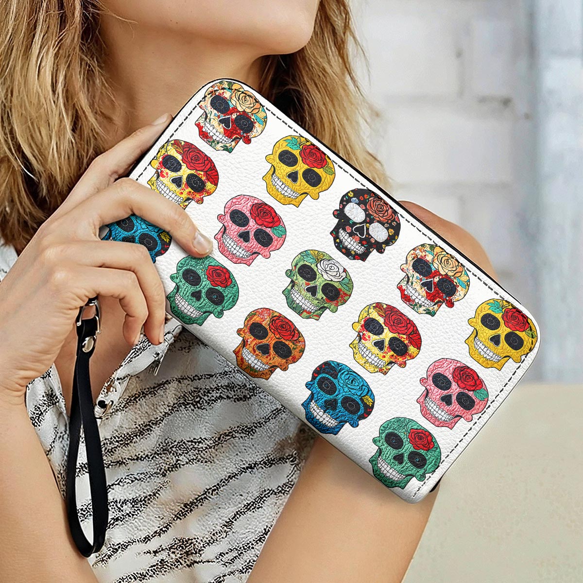Sugar Skull Leather Wallet Colorful Rose Sugar Skulls