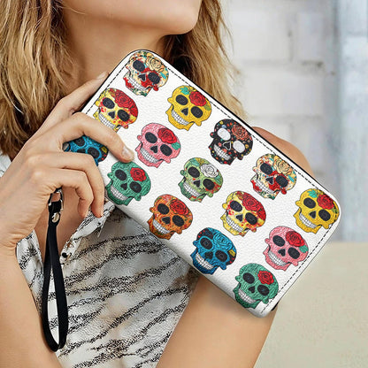Sugar Skull Leather Wallet Colorful Rose Sugar Skulls