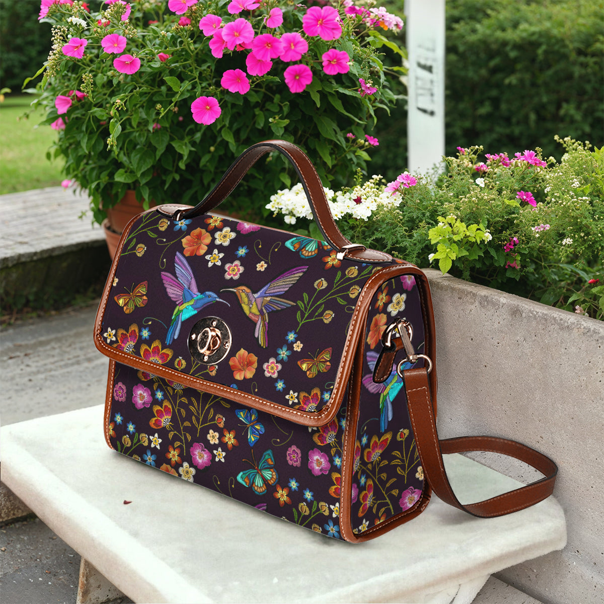 Hummingbird Satchel Handbag Fluttering Duet Faux-Embroidered