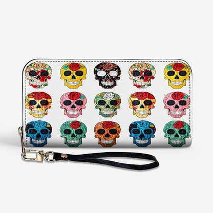 Sugar Skull Leather Wallet Colorful Rose Sugar Skulls