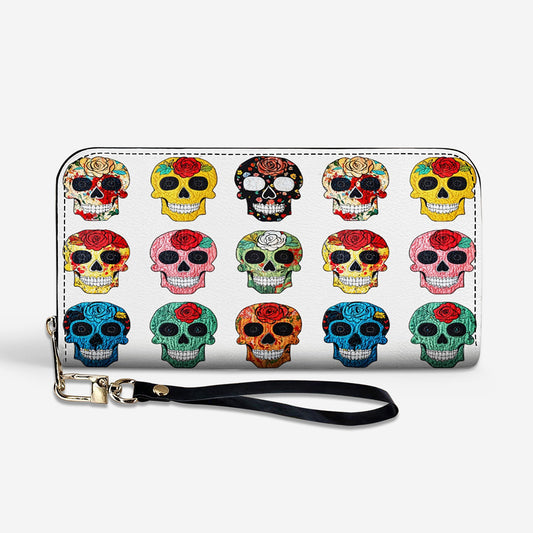 Sugar Skull Leather Wallet Colorful Rose Sugar Skulls