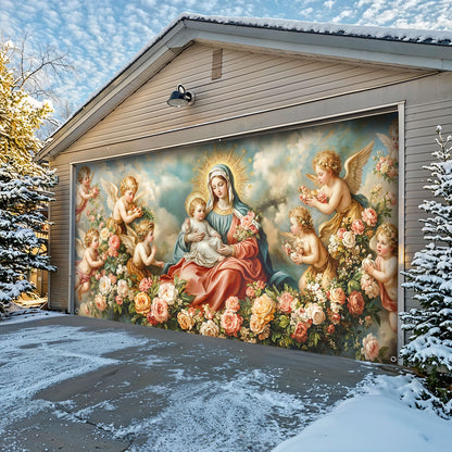 Virgin Mary Garage Door Banner Decoration - Divine Motherhood in a Garden of Angels