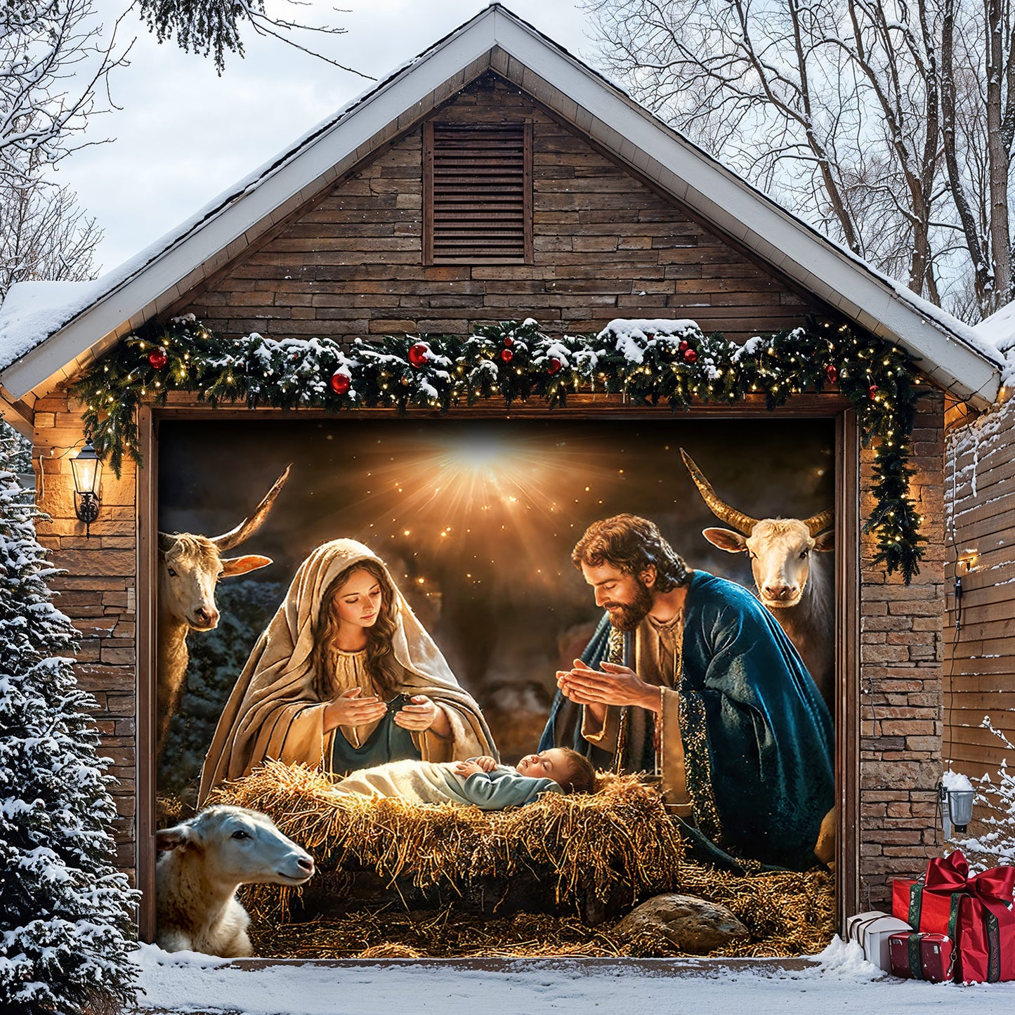 God Garage Door Banner Decoration - A Holy Night in Warm Light