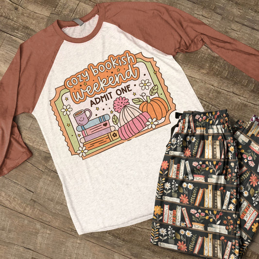 Book Lover Raglan Lounge Pajamas Cozy Bookish Weekend Floral Bookshelf
