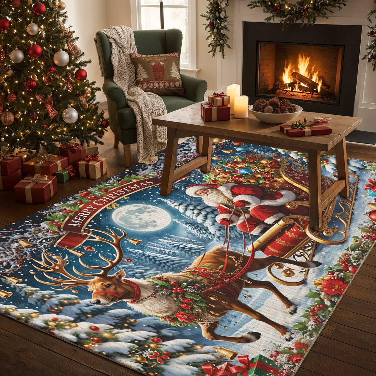 Christmas Area Rug Santa’s Sleigh Ride Spreading Cheer on a Winter’s Eve