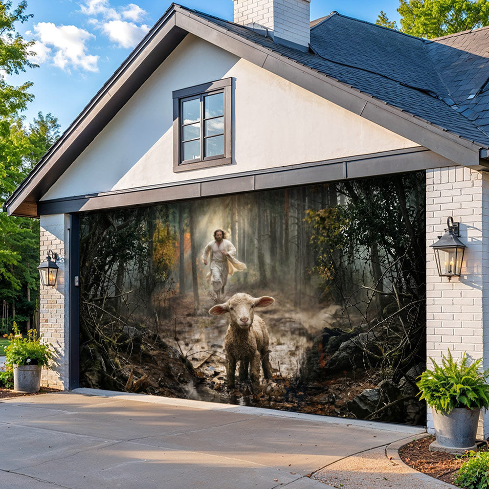 God Garage Door Banner Decoration - Jesus Running After a Lost Lamb