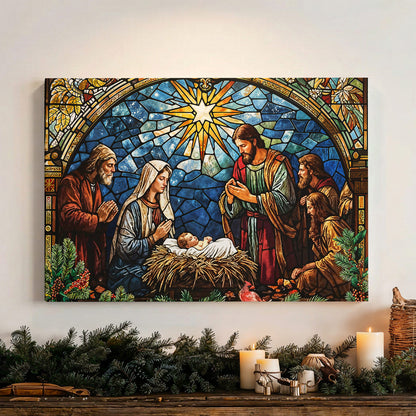 God Wooden-Framed Canvas Wall Art The Holy Night in Stained Glass