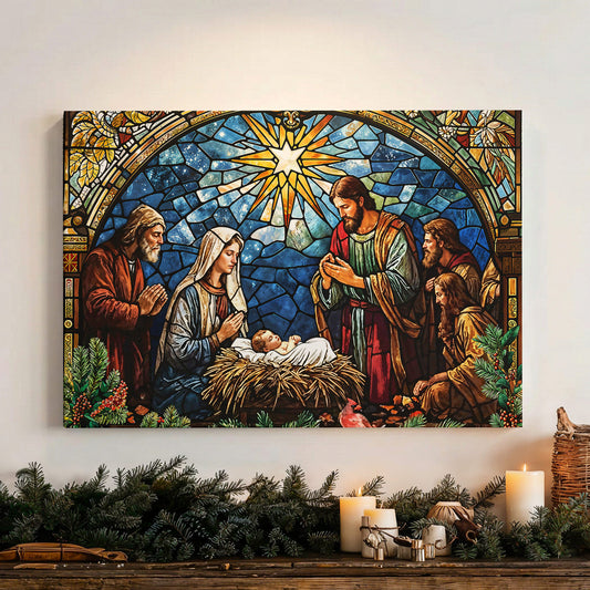 God Wooden-Framed Canvas Wall Art The Holy Night in Stained Glass