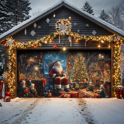 Christmas Garage Door Banner Decoration - Santa’s Cozy Workshop A Magical Christmas Eve with Elves and Gifts