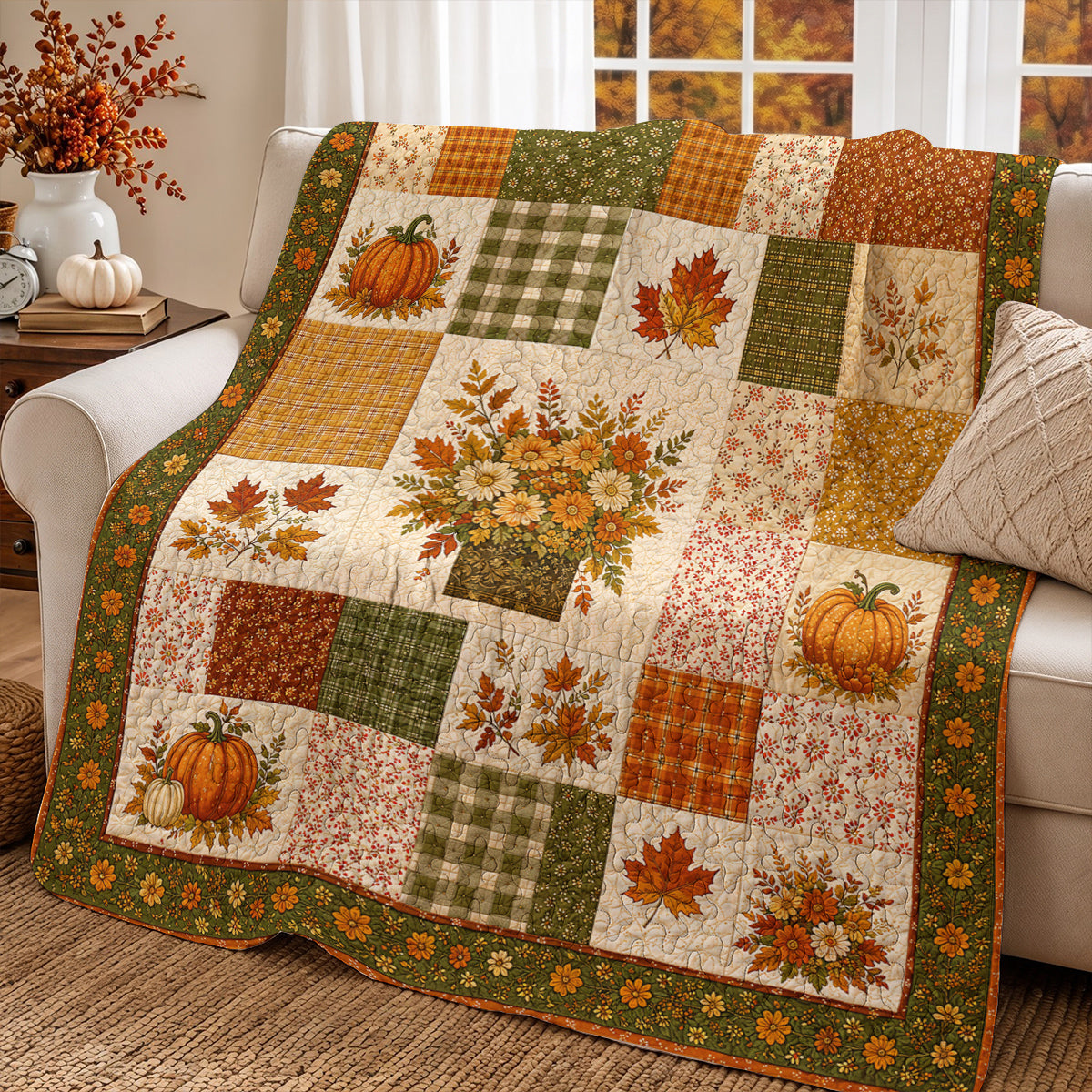 Autumn Harvest Bouquet Patchwork Quilted Blanket