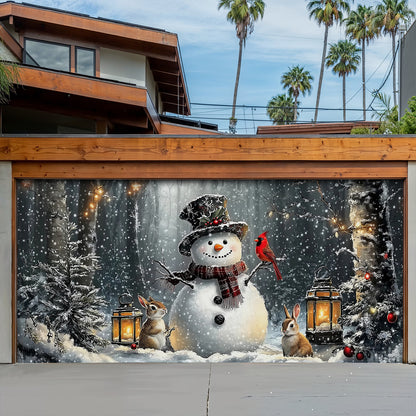 Christmas Garage Door Banner Decoration - Winter Forest Snowman Gathering with Bunnies and Cardinals