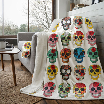 Skull Fleece Blanket Colorful Rose Sugar Skulls