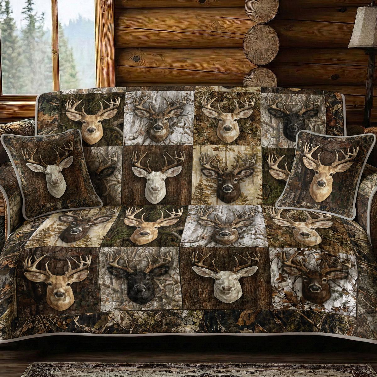 Deer Hunting Quilted Sofa Cover Majestic Whitetail Patchworks