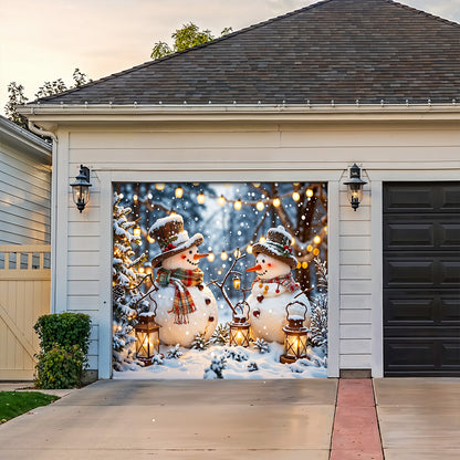 Christmas Garage Door Banner Decoration - Happy Snowmen’s Cozy Forest Glow