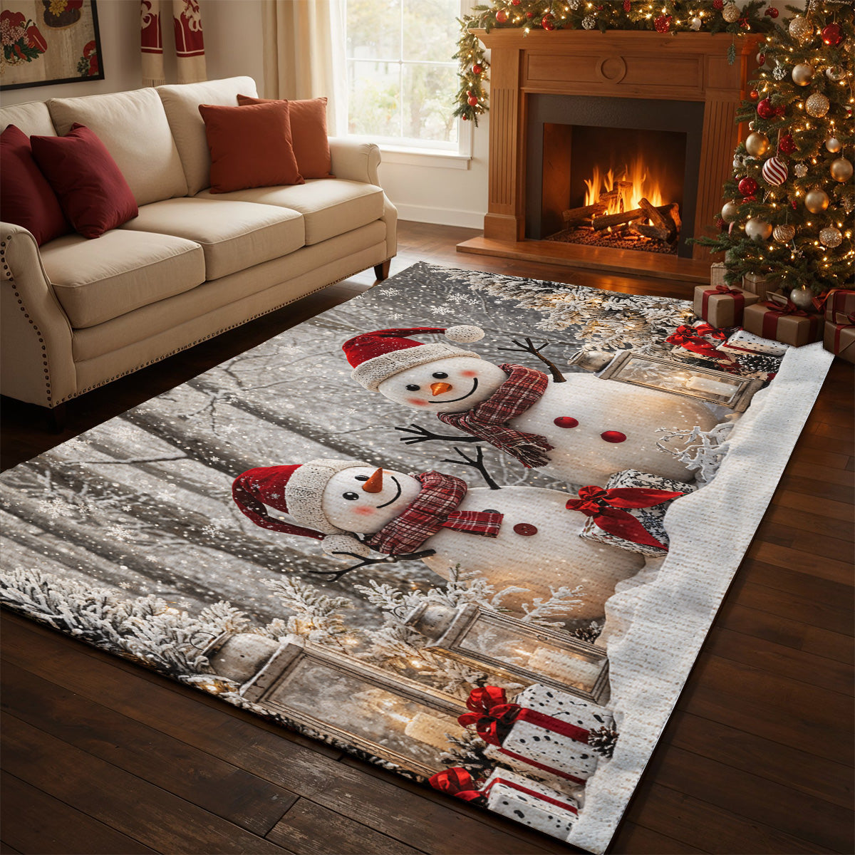 Christmas Area Rug Winter Forest Happy Snowman Couple