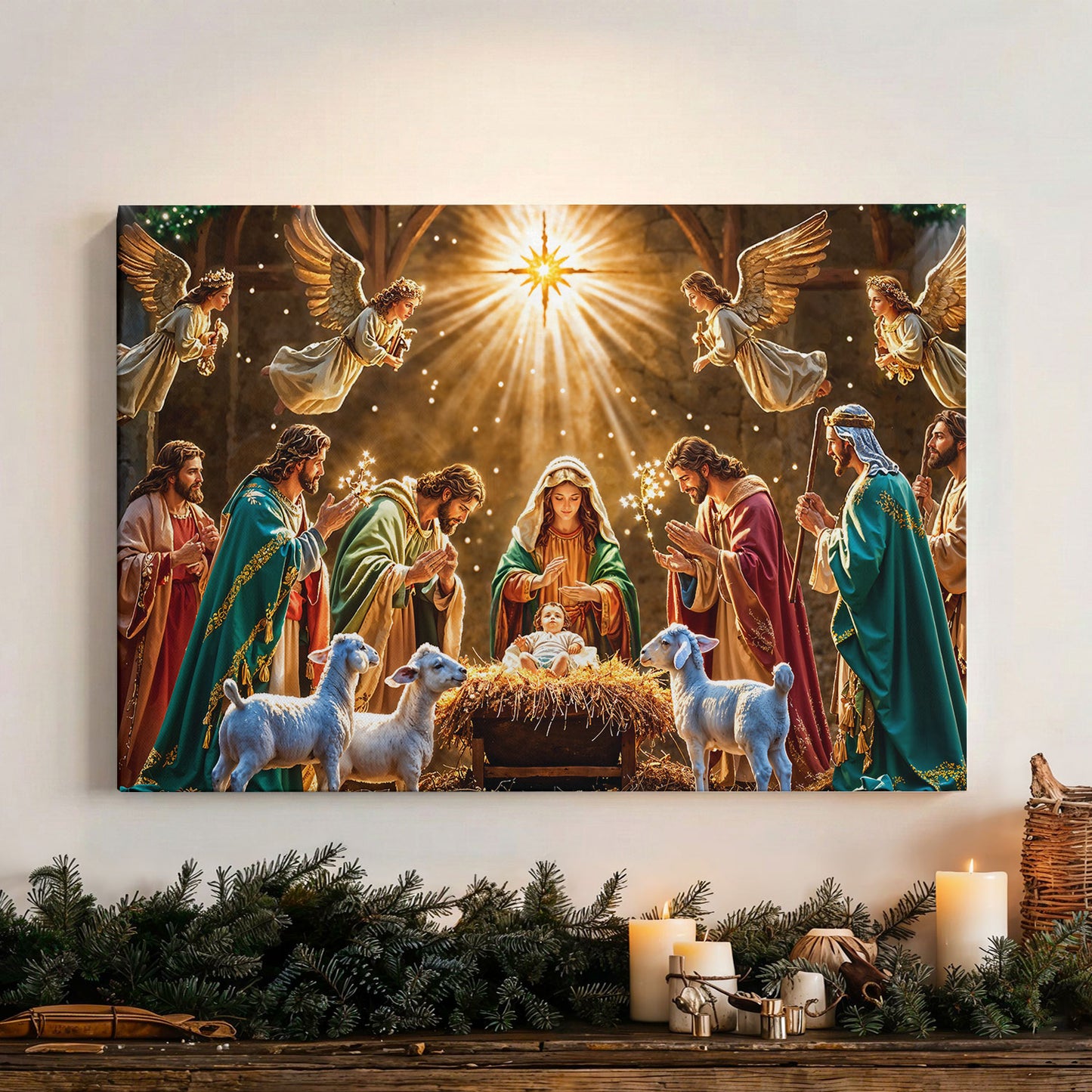 God Wooden-Framed Canvas Wall Art Divine Light at the Manger The Nativity Scene