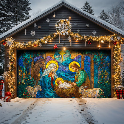 God Garage Door Banner Decoration Stained-Glass Nativity of Light