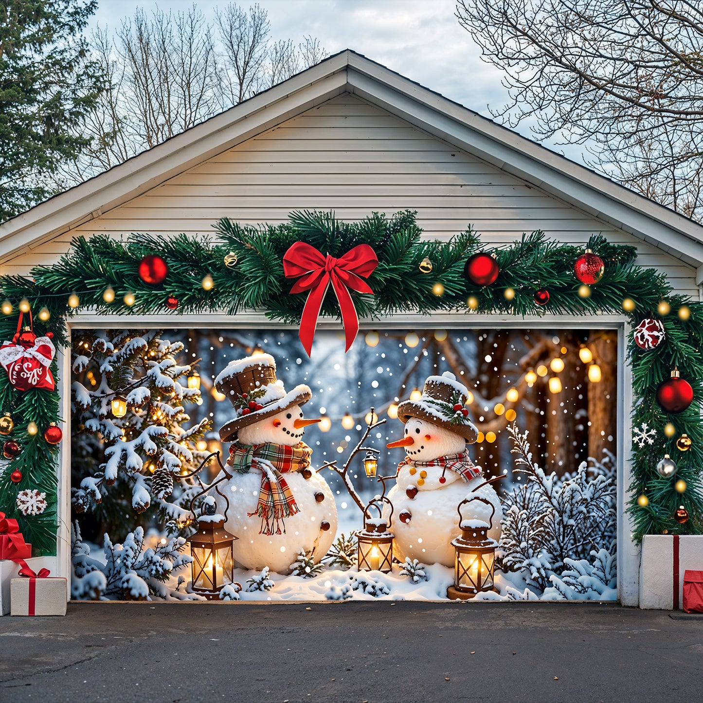 Christmas Garage Door Banner Decoration - Happy Snowmen’s Cozy Forest Glow