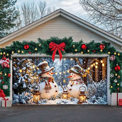 Christmas Garage Door Banner Decoration - Happy Snowmen’s Cozy Forest Glow