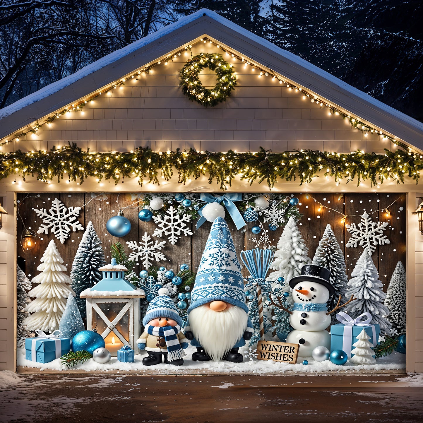 Christmas Garage Door Banner Decoration - Winter Wishes in a Gnome Wonderland