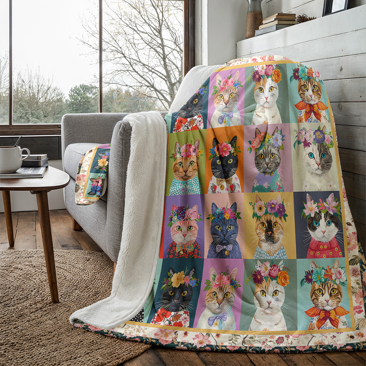 Cat Fleece Blanket Floral Cat Fantasy