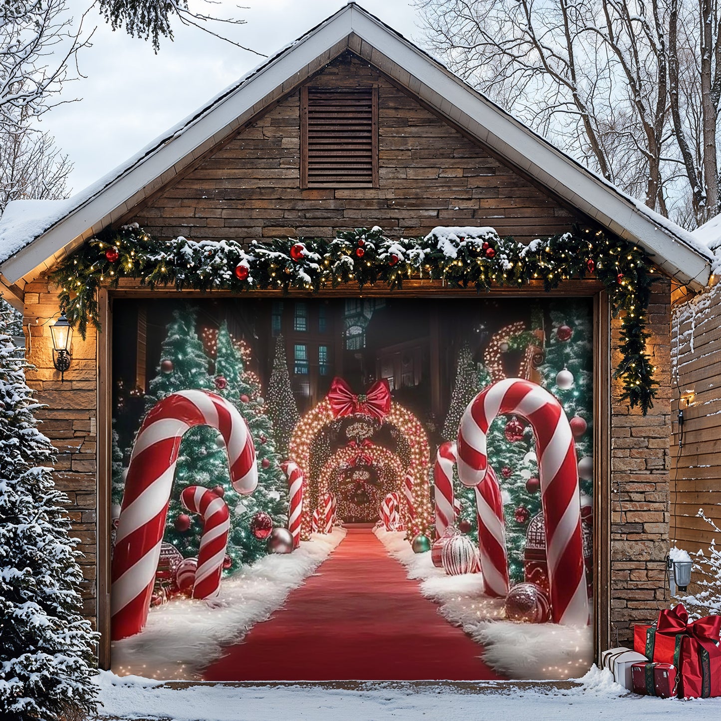 Christmas Garage Door Banner Decoration - Christmas Themed Backdrop With Giant Canes