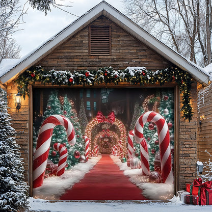 Christmas Garage Door Banner Decoration - Christmas Themed Backdrop With Giant Canes