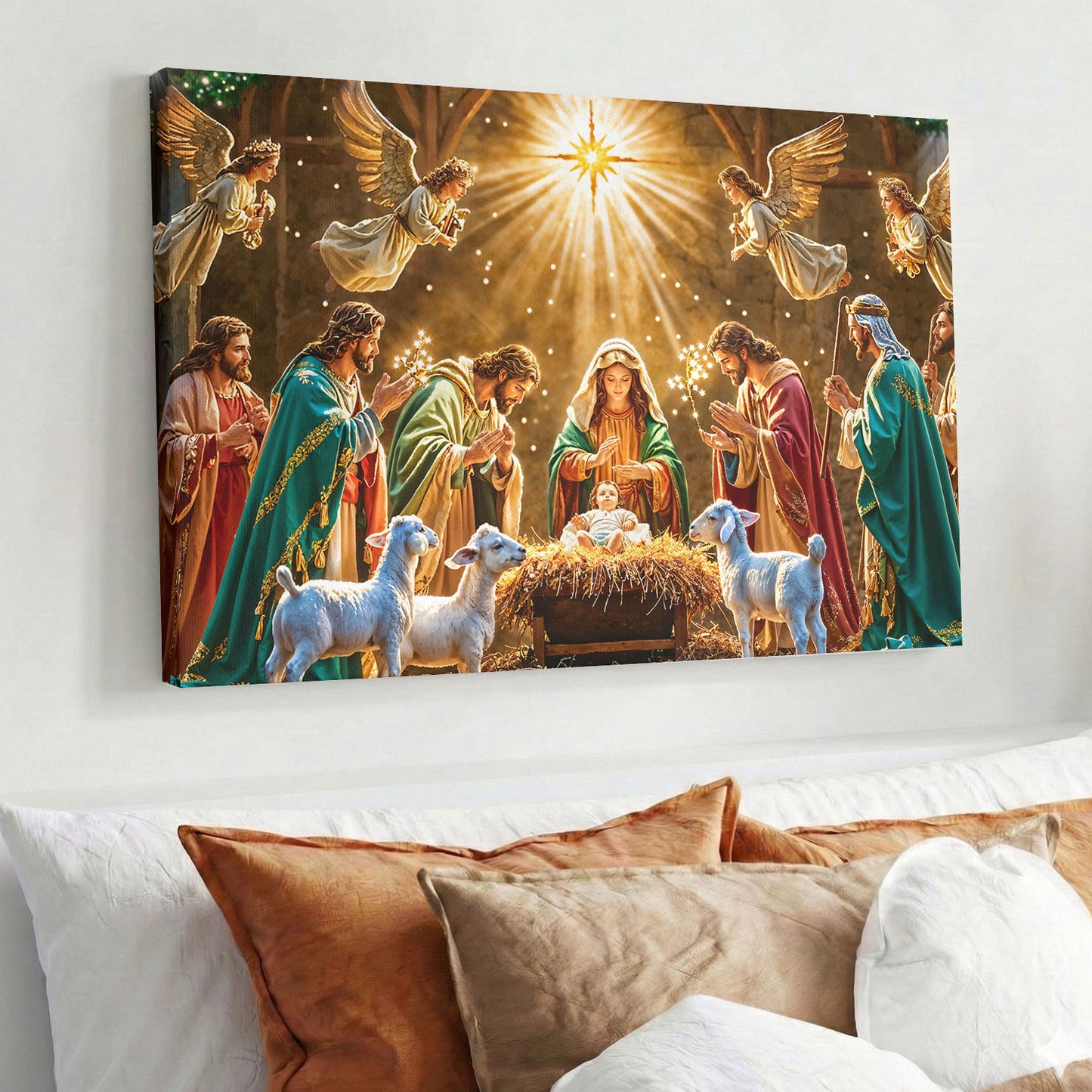 God Wooden-Framed Canvas Wall Art Divine Light at the Manger The Nativity Scene