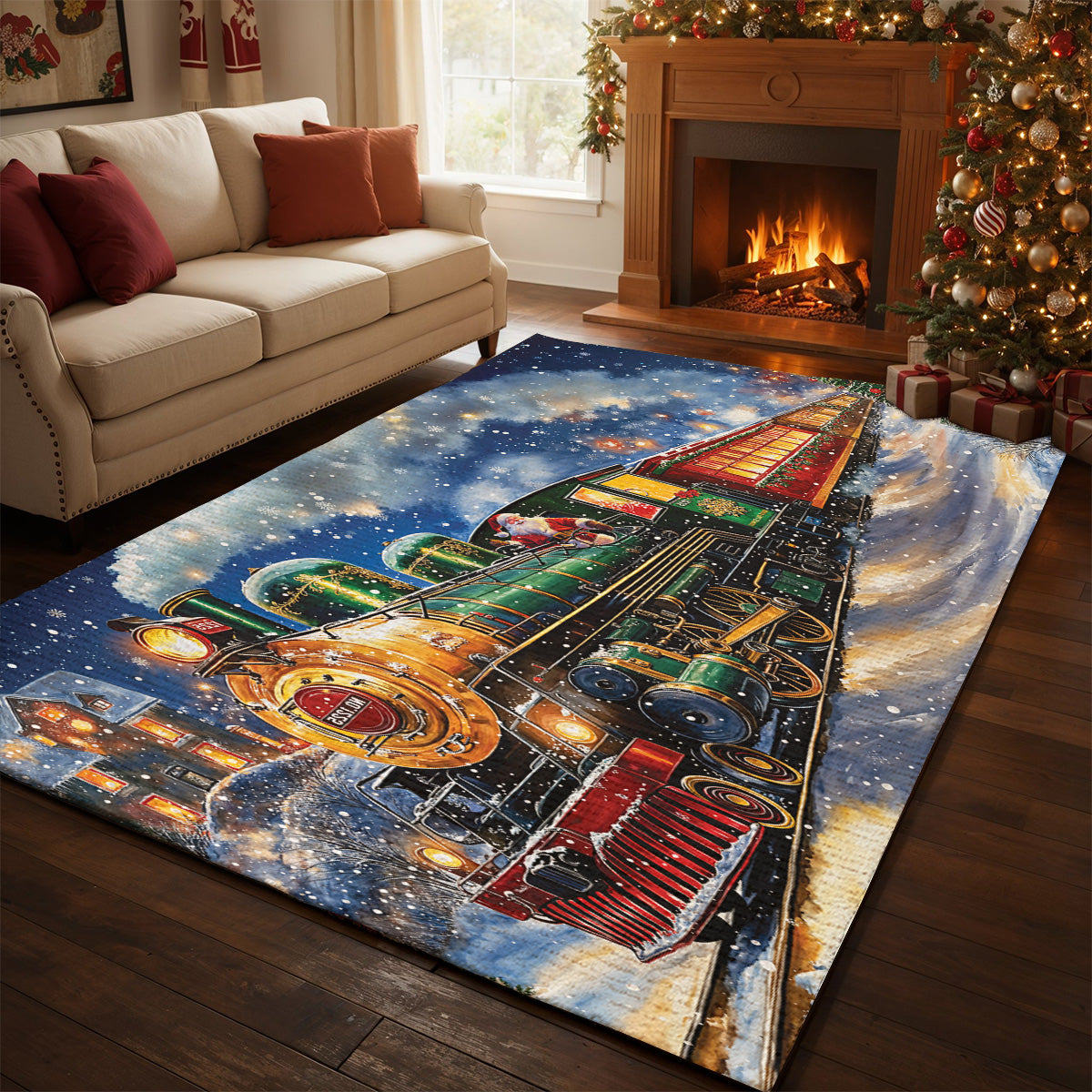 Christmas Area Rug Magical Holiday Express Santa’s Train Spreading Cheer