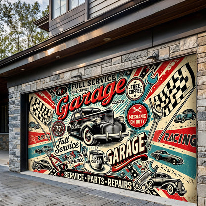 Garage Door Banner Retro Full-Service Garage