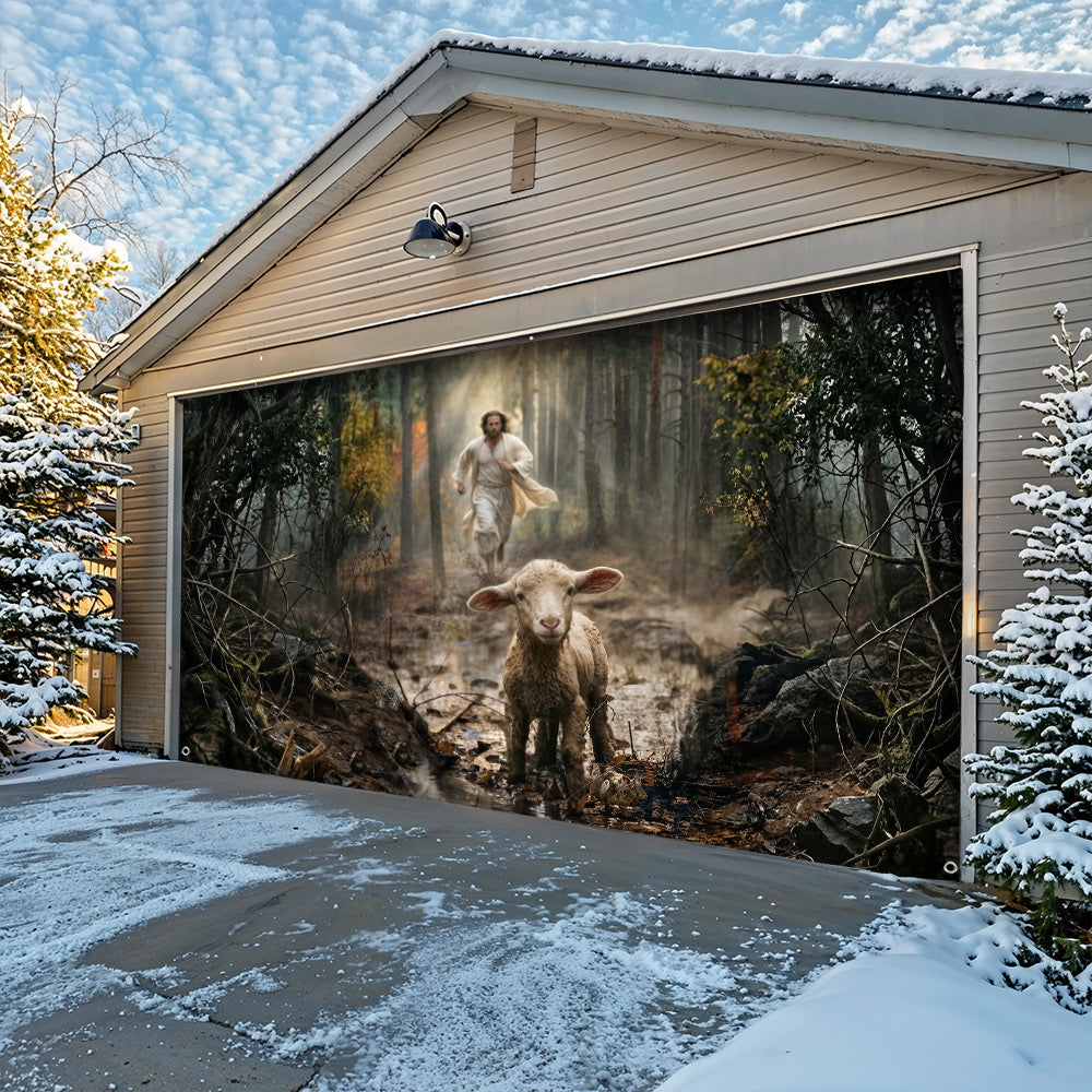 God Garage Door Banner Decoration - Jesus Running After a Lost Lamb