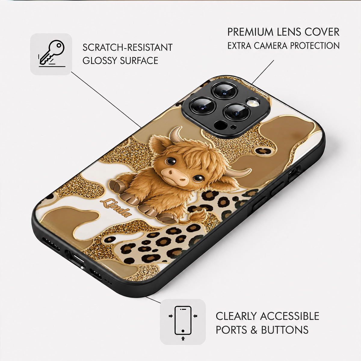 Cow Phone Case Personalized Glitter Highland Cow