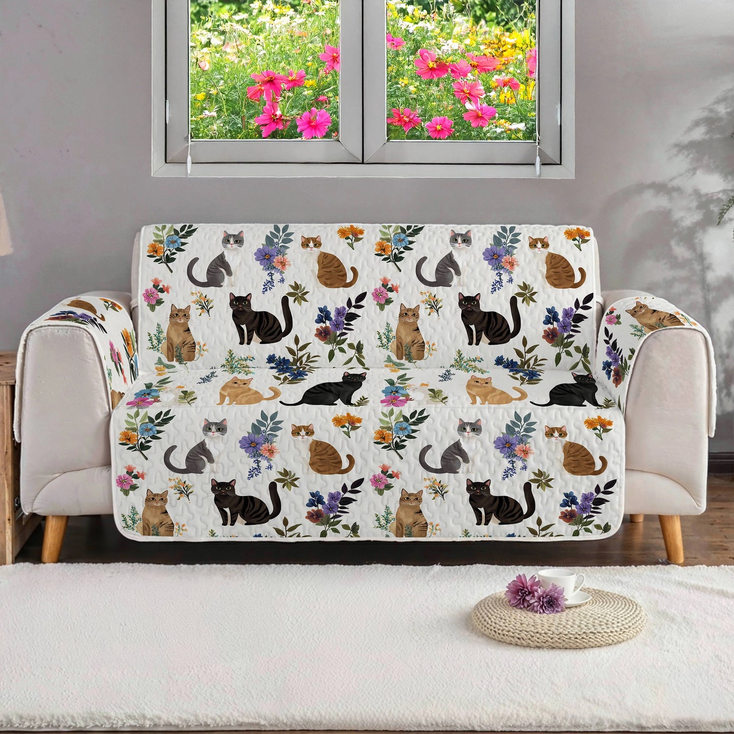 Cat Quilted Sofa Cover Cute Floral Cats