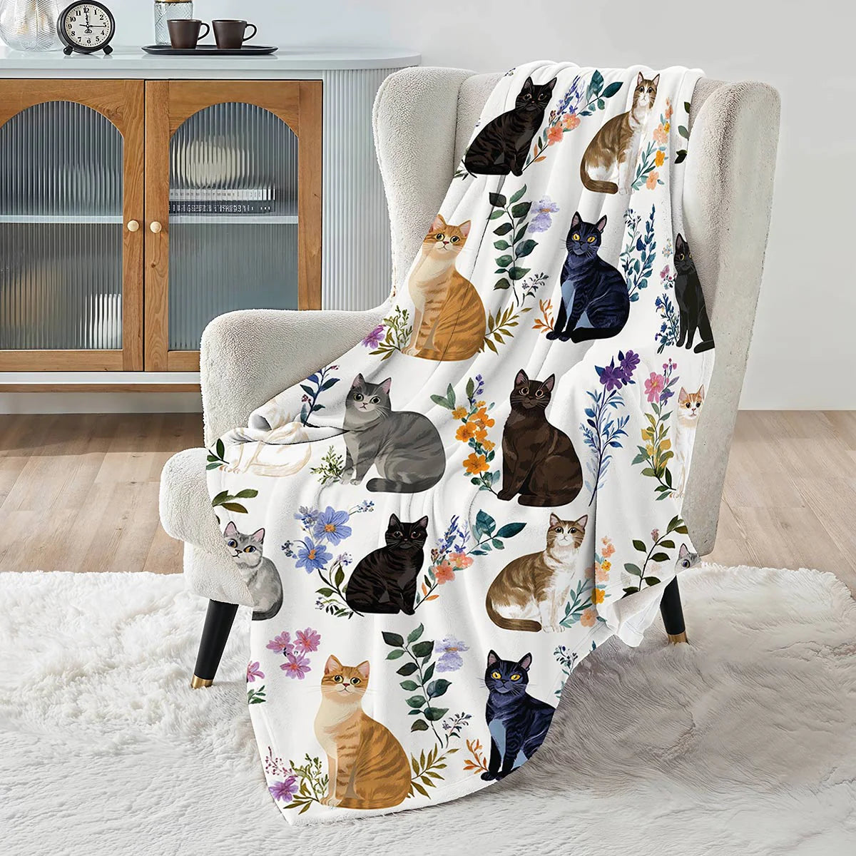 Cat Fleece Blanket Charming Floral Cats
