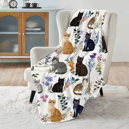 Cat Fleece Blanket Charming Floral Cats