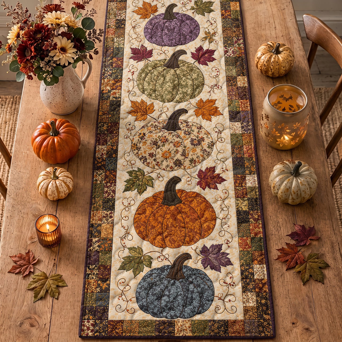 Fall Pumpkin Patchwork Quilted Table Runner