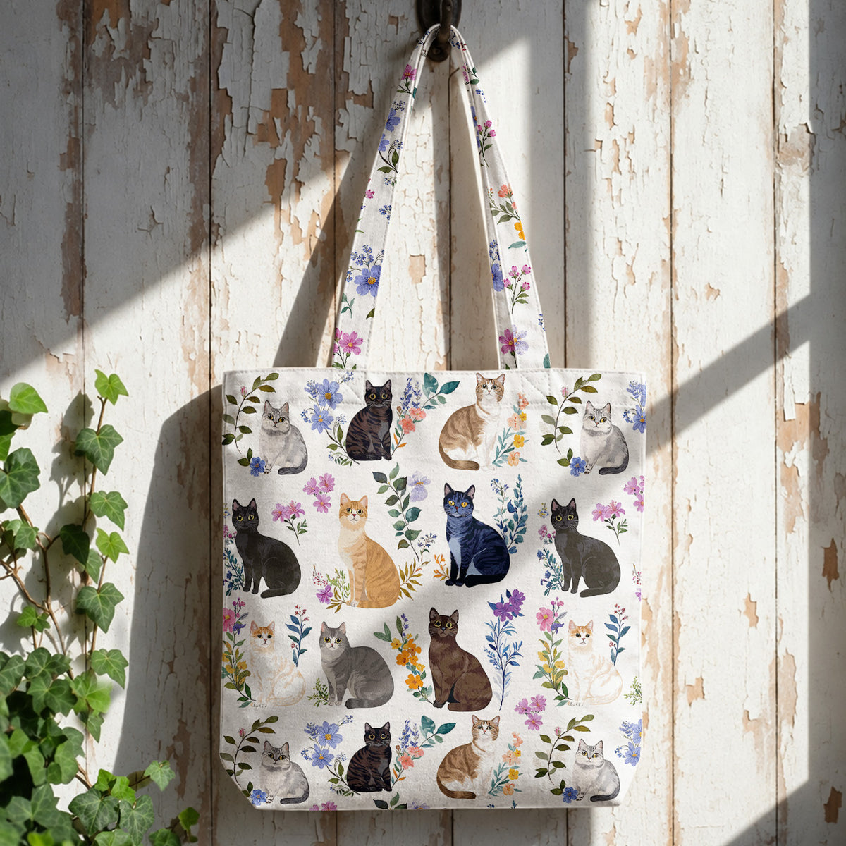Cat Canvas Tote Bag Charming Floral Cats