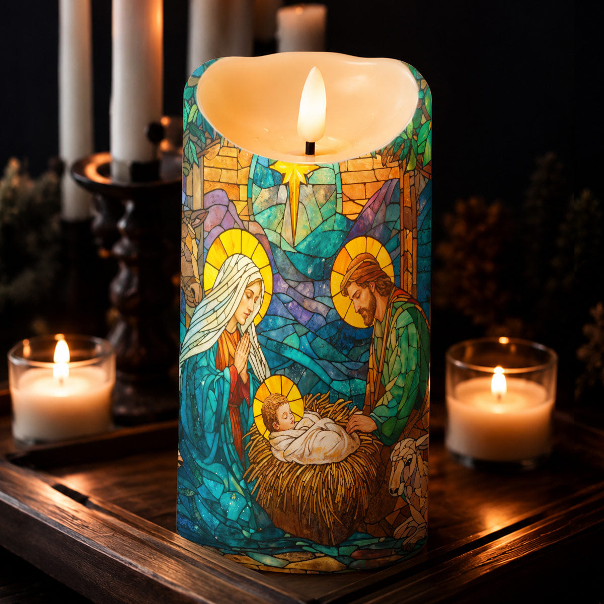 God LED Candle Stained-Glass Nativity of Light
