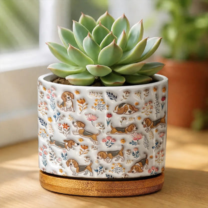 Beagle Flat Print Ceramic Plant Pot Happy Field Flowers