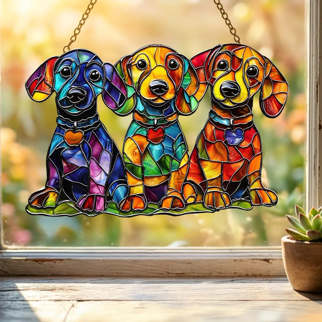 Colorful Dachshunds 3D Glass Suncatcher – Dog Lover Gift & Window Décor