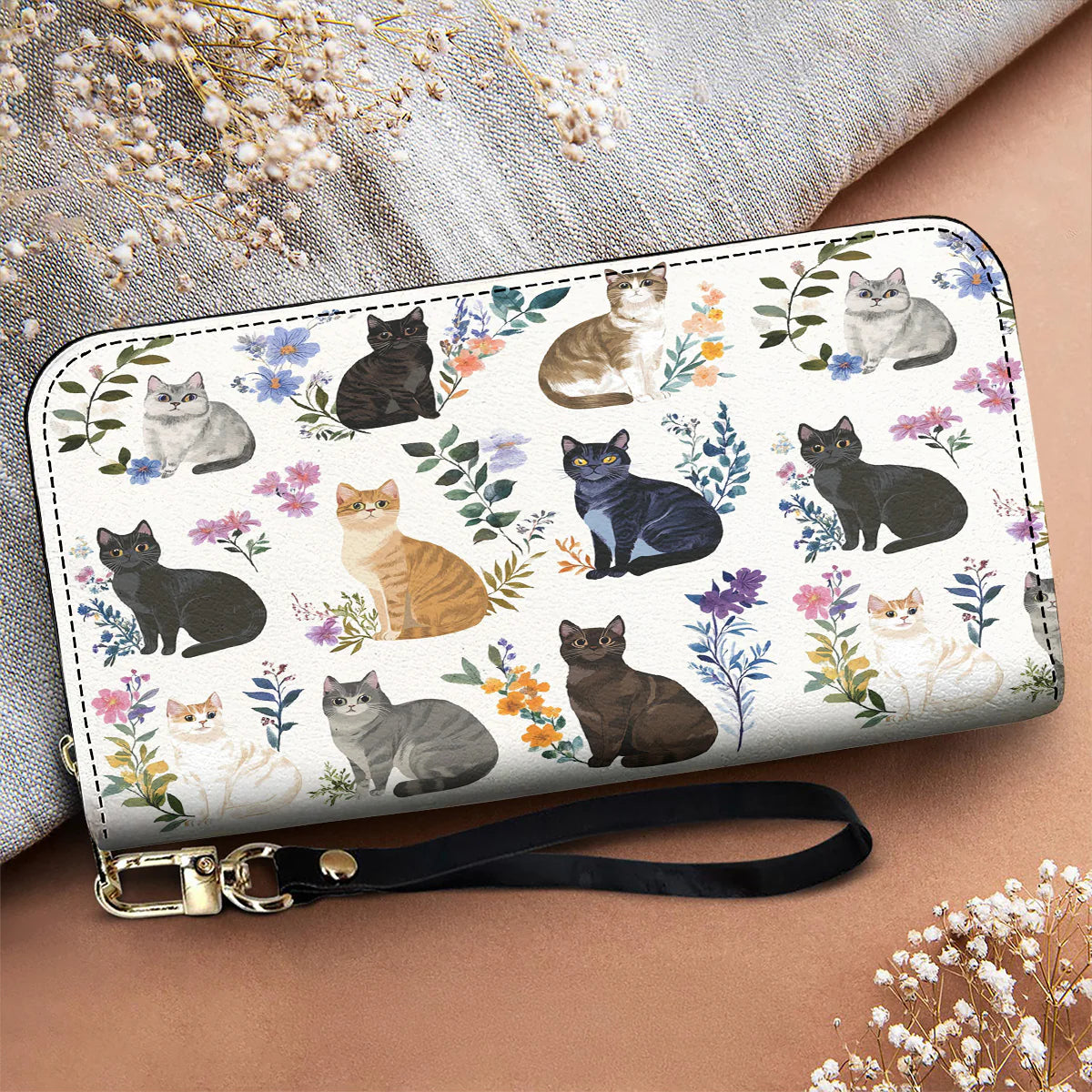 Cat Lover Leather Wallet Charming Floral Cats