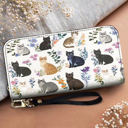 Cat Lover Leather Wallet Charming Floral Cats