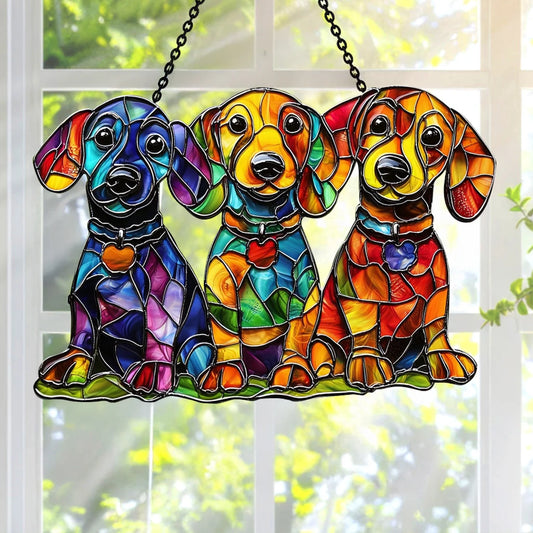 Colorful Dachshunds 3D Glass Suncatcher – Dog Lover Gift & Window Décor