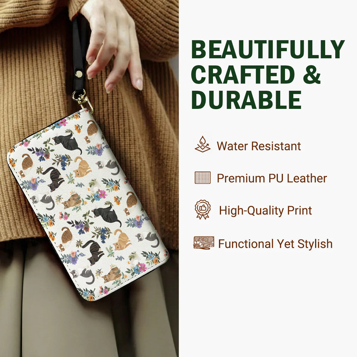 Cat Lover Leather Wallet Cute Floral Cats