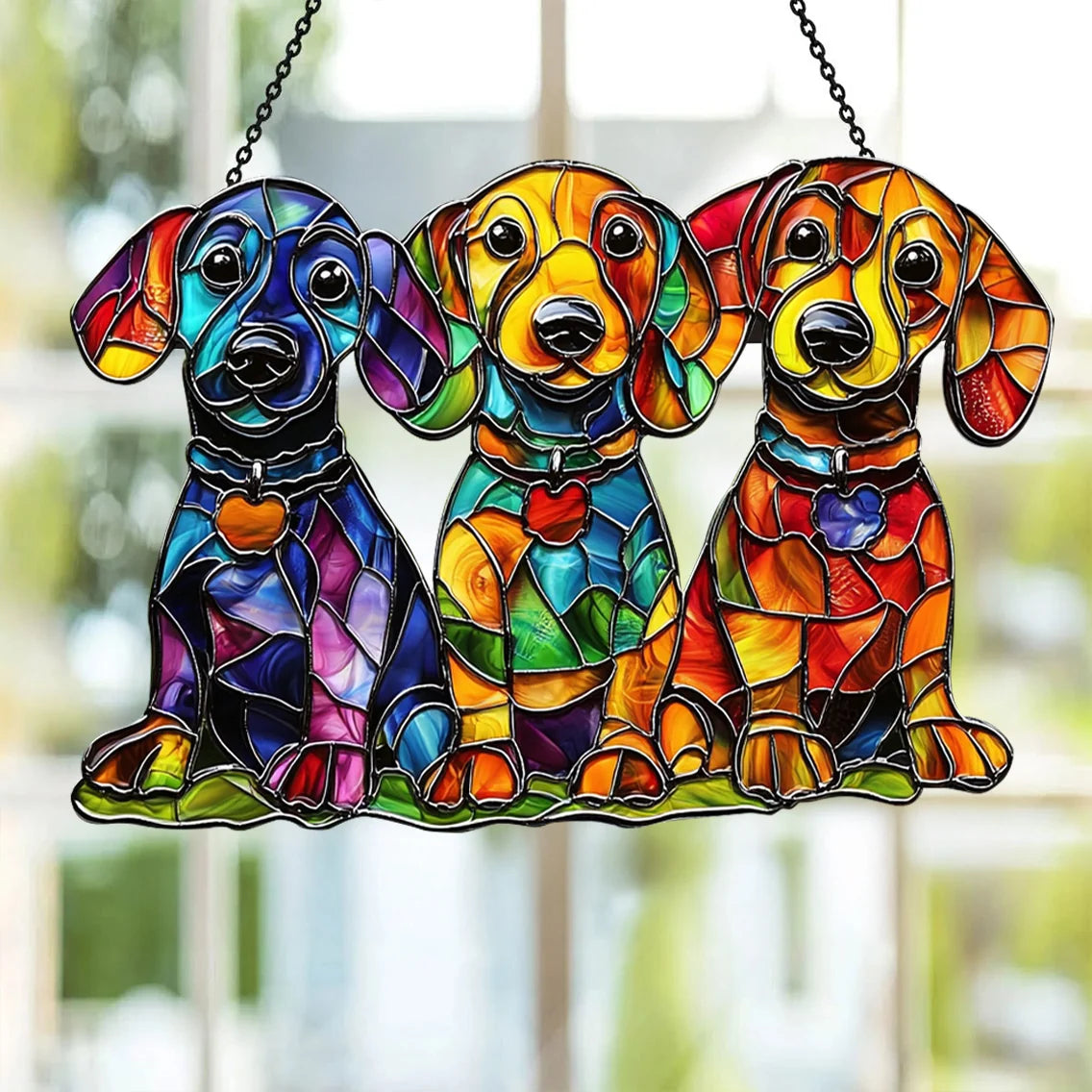 Colorful Dachshunds 3D Glass Suncatcher – Dog Lover Gift & Window Décor
