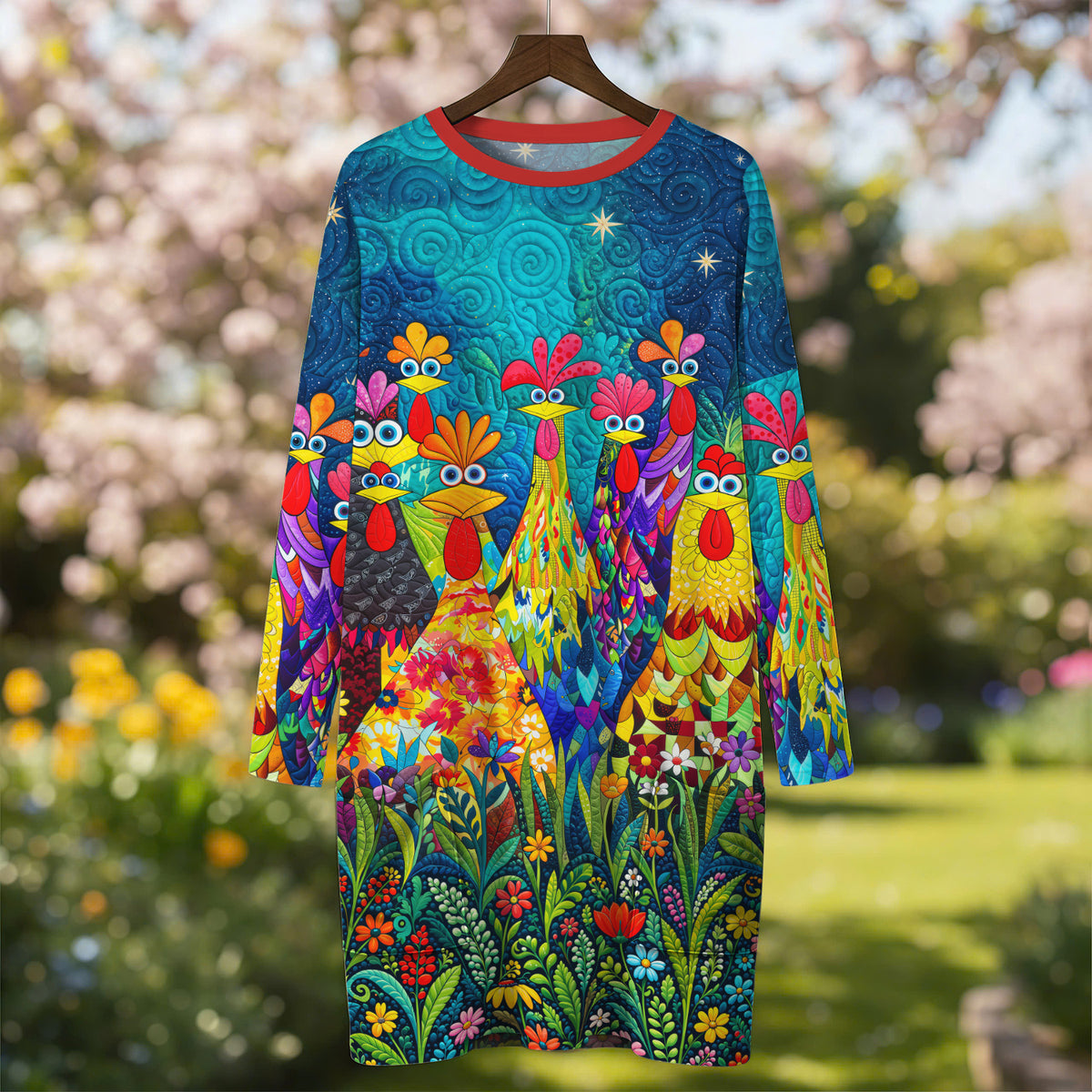 Chicken Long Sleeve Tunic With Pockets Colorful Chicken Garden