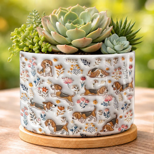 Beagle Flat Print Ceramic Plant Pot Happy Field Flowers