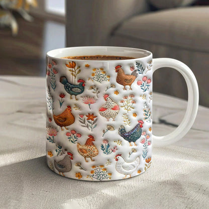 Chicken Ceramic Mug Cute Floral Chickens